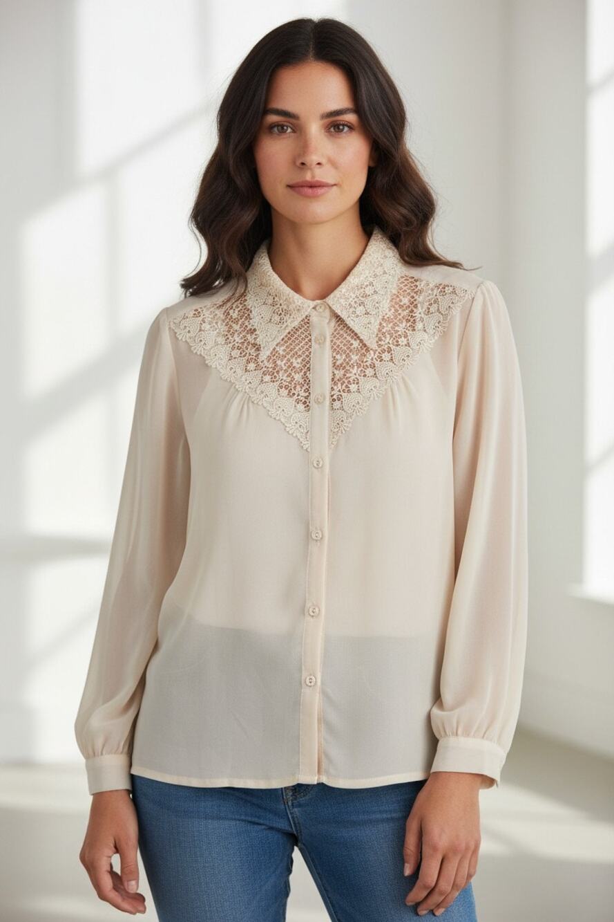 L Top Shirt Button Down Blouse Vintage 90's long-sleeve sheer button-up chiffon